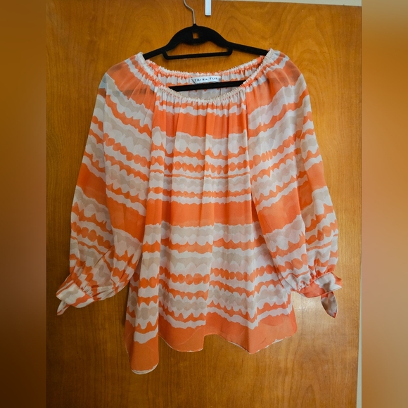 Trina Turk Tops - Trina Turk cream and orange stripe tie sleeve silk shirt medium (O)